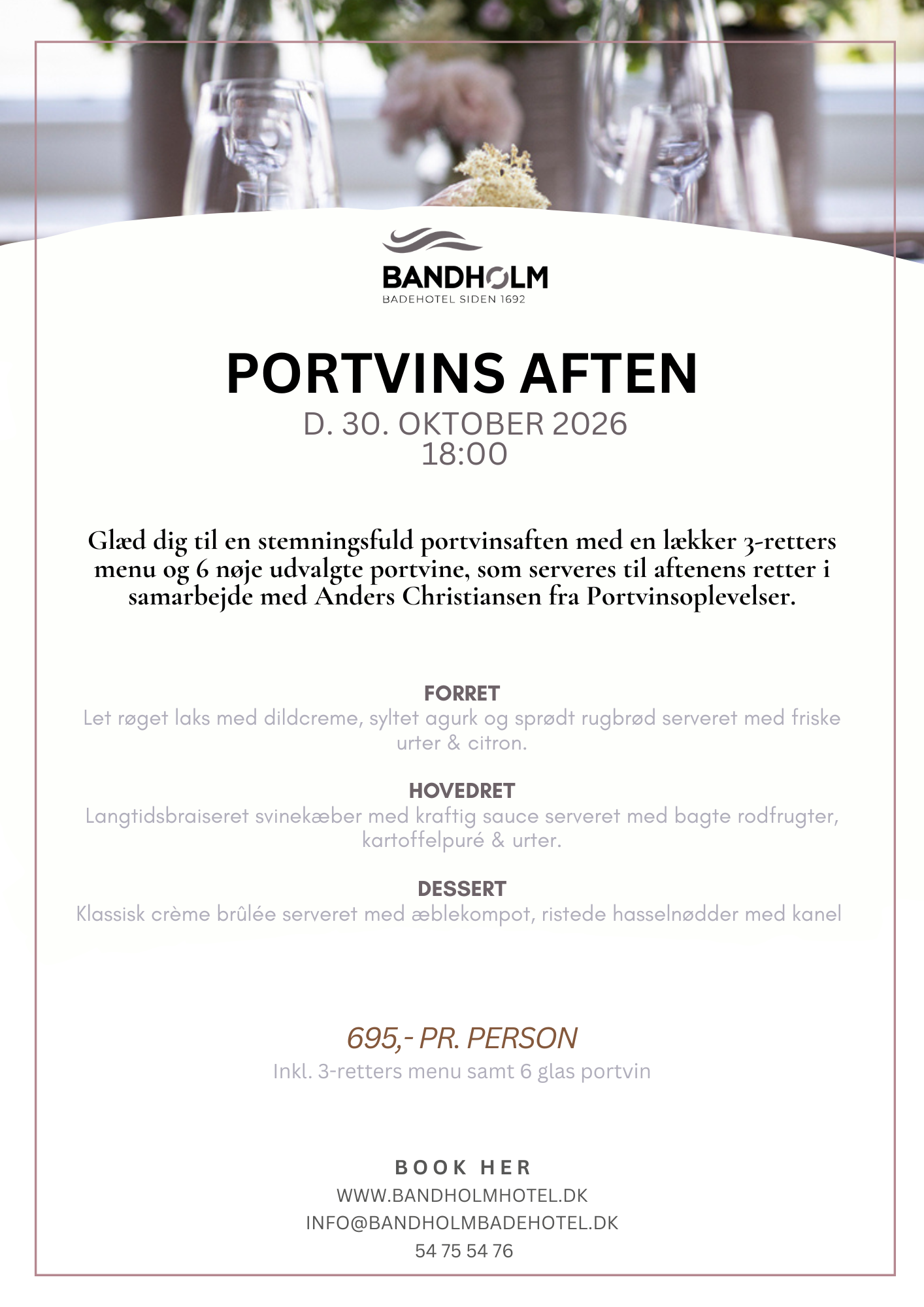 Flyer for Portvins aften på Bandholm Badehotel