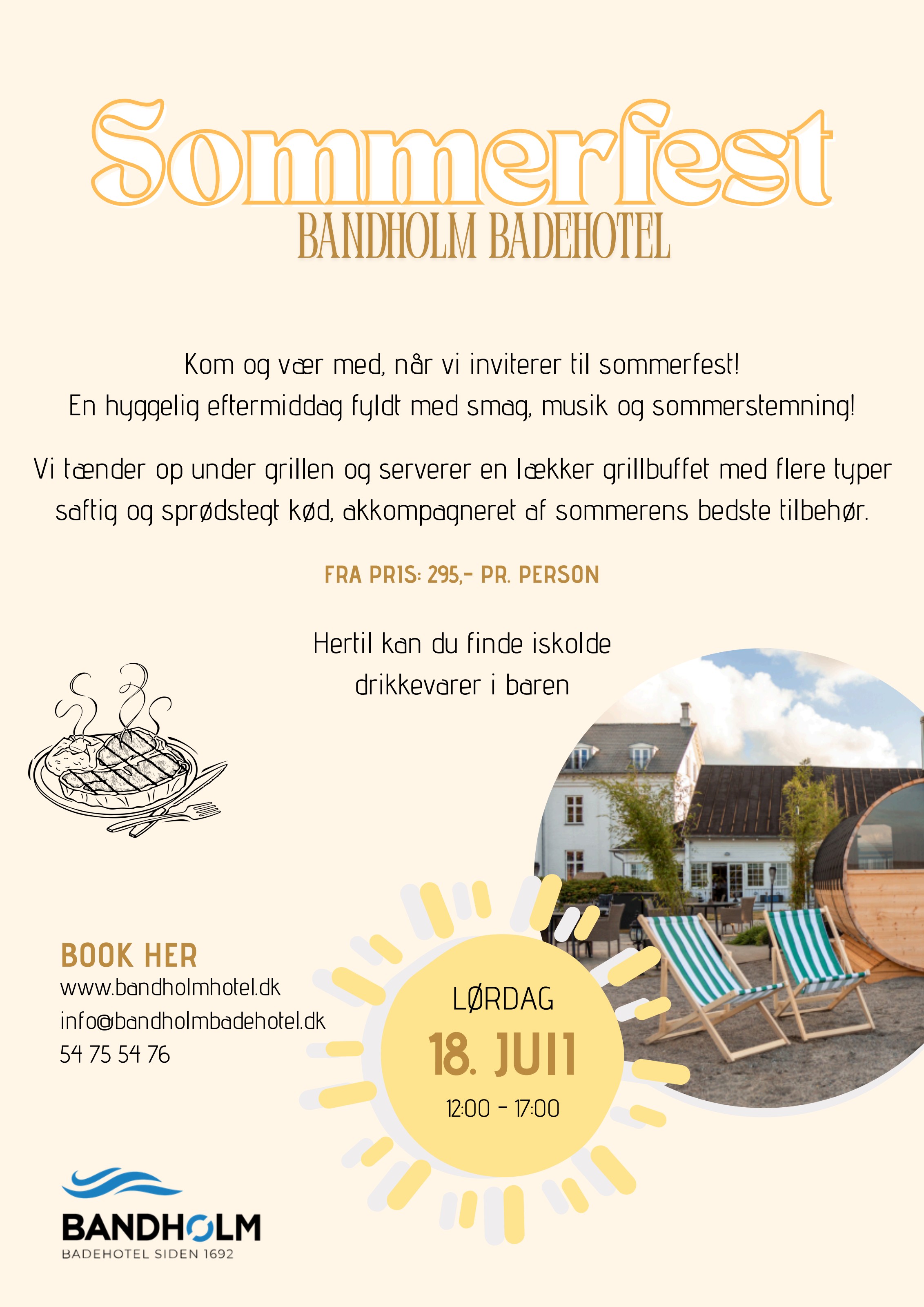 Flyer for sommerfest ved vandet på Bandholm Badehotel