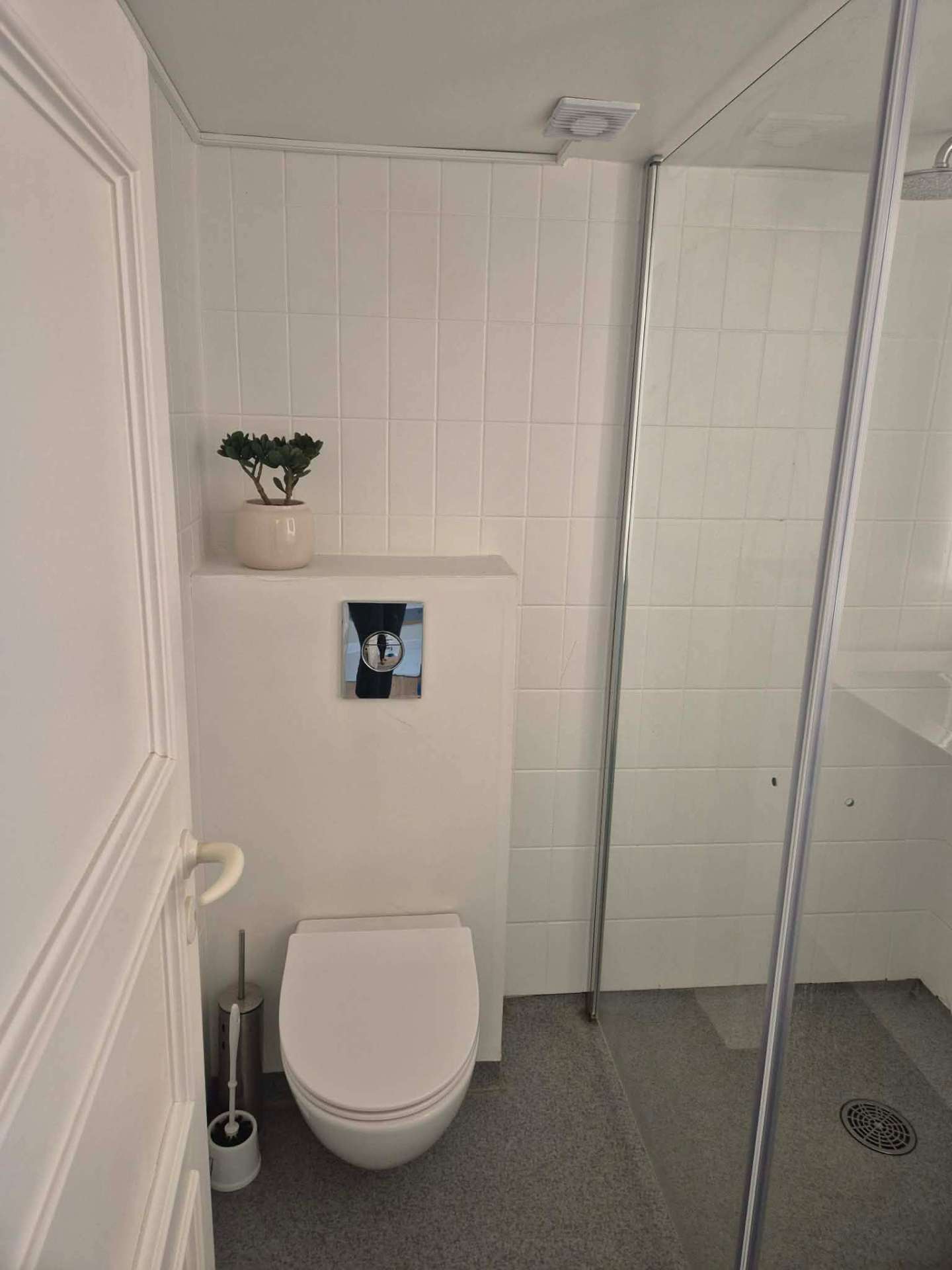 Badeværelse med toilet og bruser