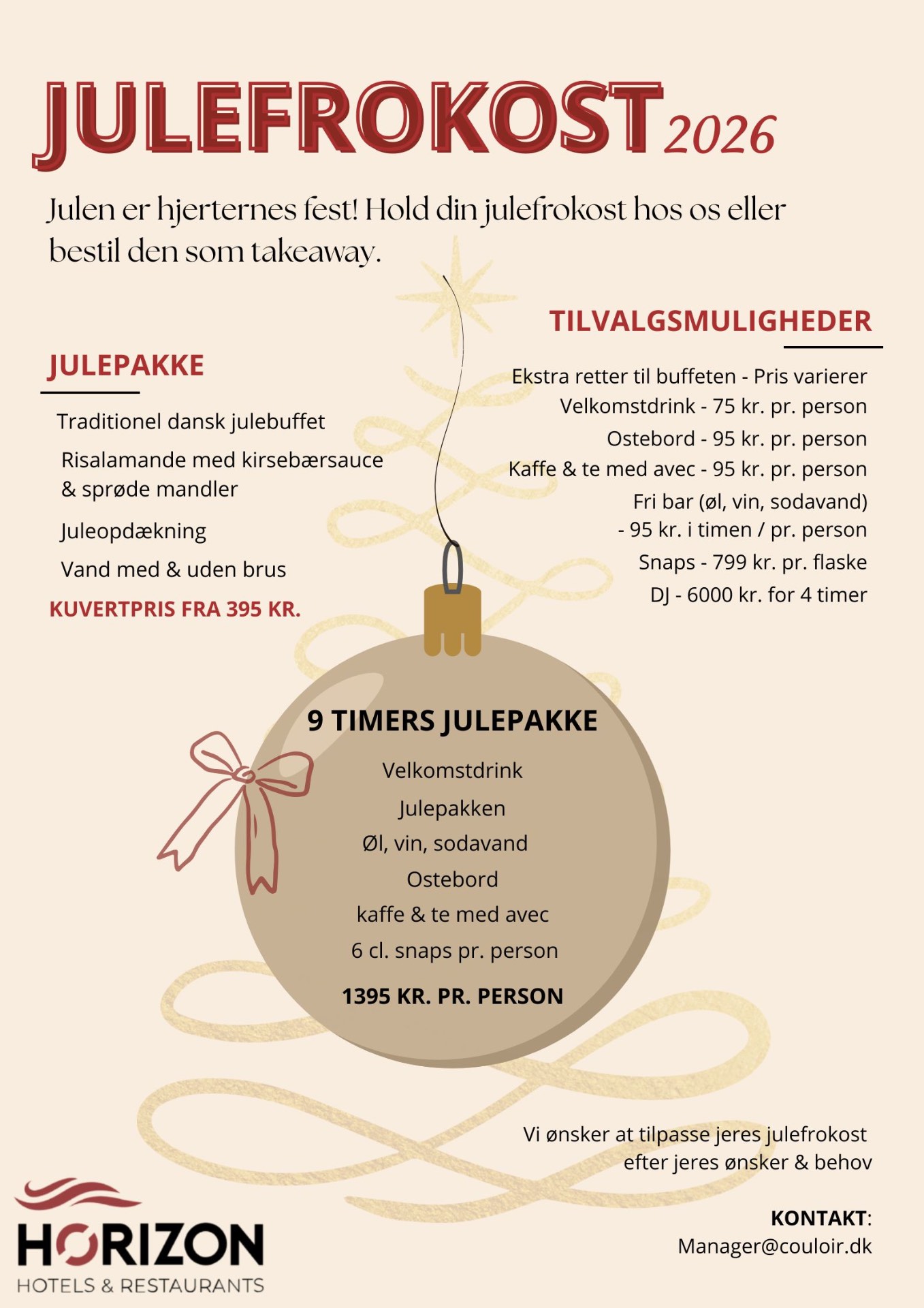 Julefrokost 2026 på Bandholm Badehotel – julepakke, tilvalg og 9 timers julepakke