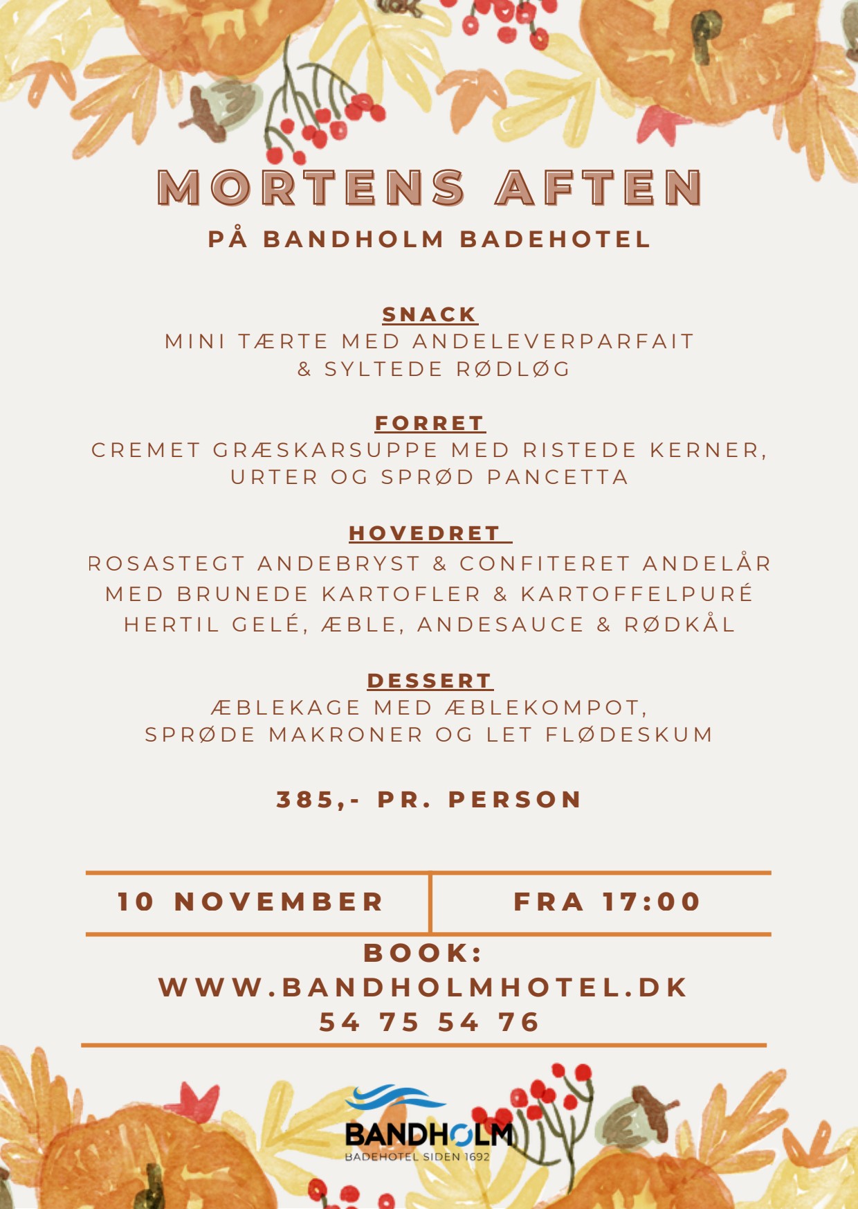 Flyer for Mortens aften på Bandholm Badehotel