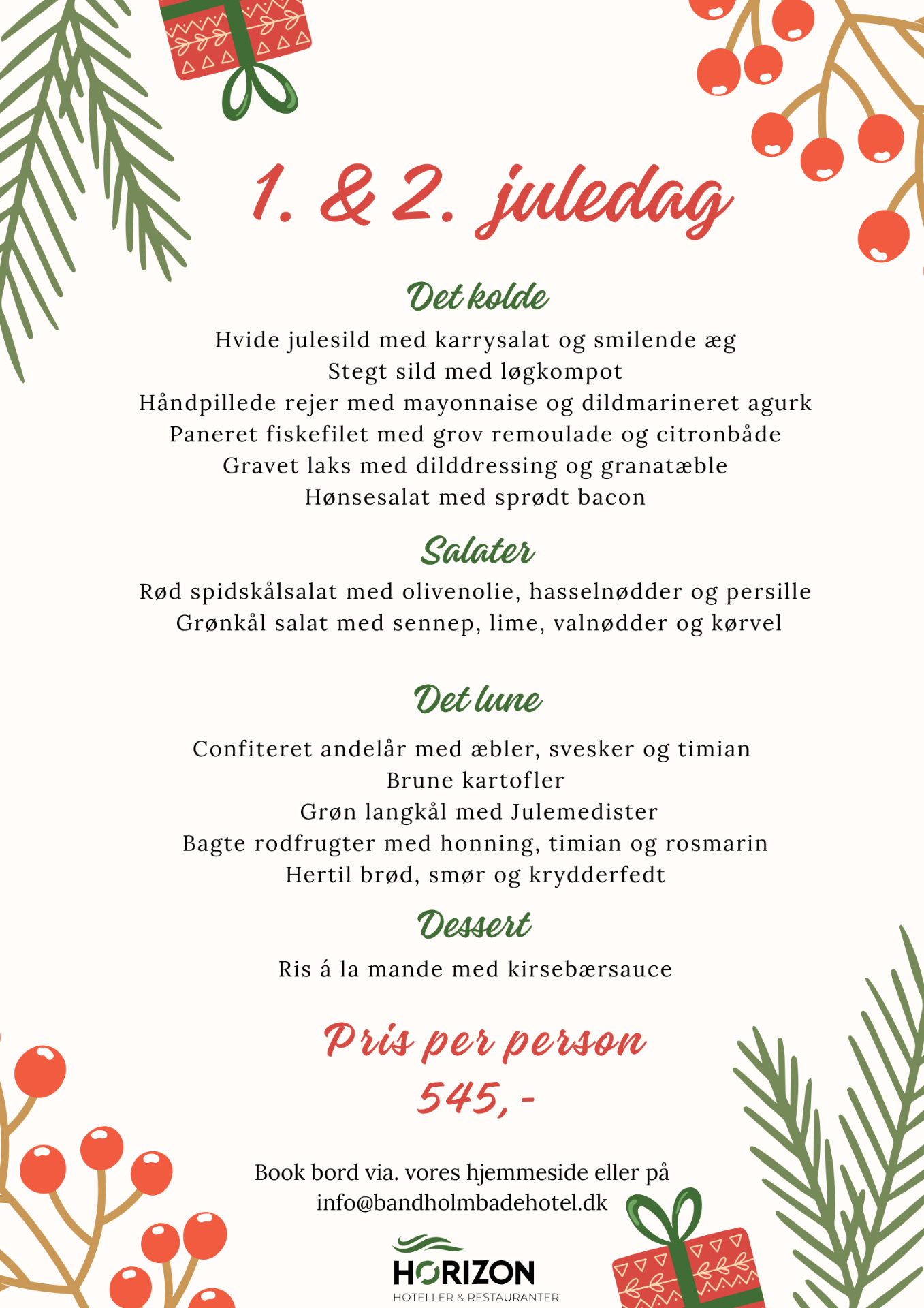 Menu for 1. og 2. juledag på Bandholm Badehotel